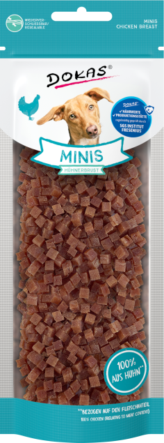 Dokas Minis Hühnerbrust Hundeleckerli, 70g Beutel. 100% Hühnerbrust.
