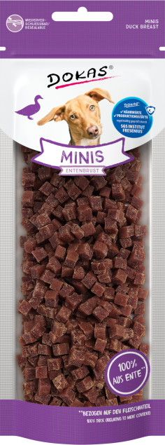 DOKAS Minis Entenbrust Hundeleckerli, 70g Beutel. 100% Entenfleisch. Wiederverschließbare Verpackung.