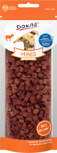 Dokas Minis Lamm Hundeleckerlis, 70g Beutel. 100% Lammfleischwürfel.