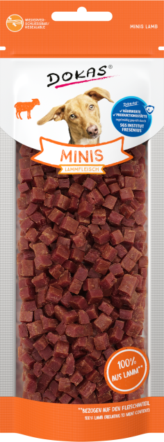 Dokas Minis Lamm Hundeleckerlis, 70g Beutel. 100% Lammfleischwürfel.