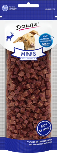 Wiederverschließbarer Beutel mit Dokas Minis Hirschfleisch-Hundesnacks. 100 % Hirschfleisch.