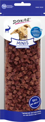 Dokas Minis Hirsch-Leckerlis, 60g Beutel. 100% Hirschfleisch. Kleine, quadratische Stücke.