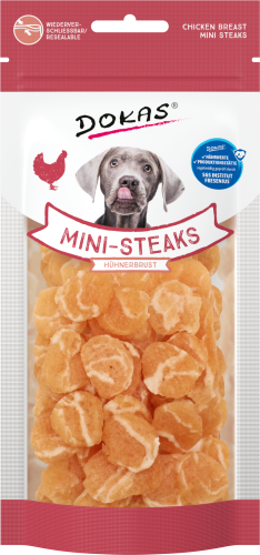 Hundeleckerli: Dokas Mini-Steaks Hühnerbrust. 50g Beutel.