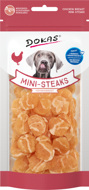 Hundeleckerli: Dokas Mini-Steaks Hühnerbrust. 50g Beutel.