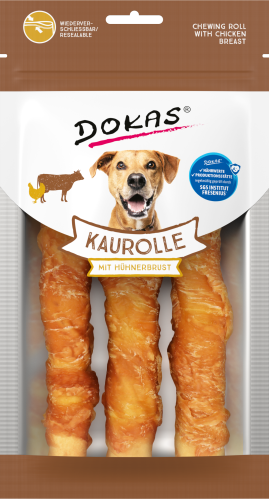 Dokas Kaurolle Hundekausnacks mit Hähnchenbrust. Drei 150g Kausnacks.