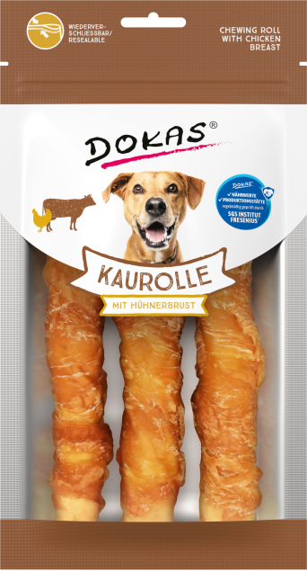Dokas Kaurolle Hundekausnacks mit Hähnchenbrust. Drei 150g Kausnacks.