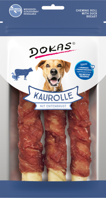 Drei Dokas Kaurolle Hundekausnacks mit Entenbrust. 150g.