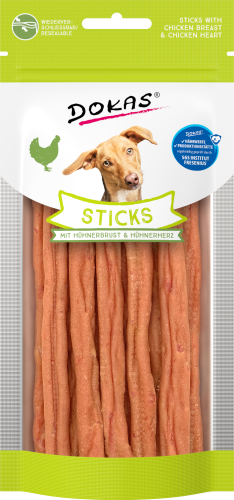 Dokas Hundeleckerli-Sticks mit Hähnchenbrust und Herz in grüner Verpackung