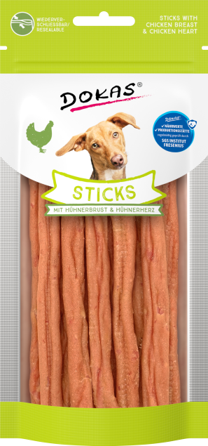 Dokas Hundeleckerli-Sticks mit Hähnchenbrust und Herz in grüner Verpackung