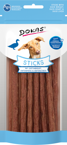 Hundeleckerli-Paket mit Entenbrust und Herz, mit einem glücklichen Hund