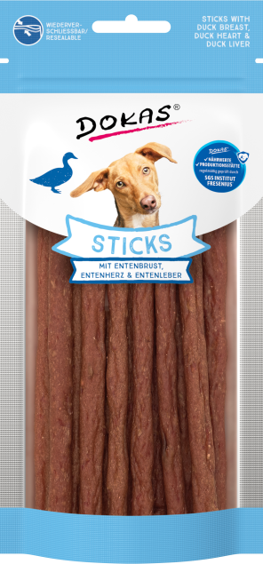 Hundeleckerli-Paket mit Entenbrust und Herz, mit einem glücklichen Hund