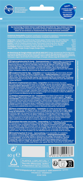 Blaue Verpackung eines Produkts mit ausführlichem Text und Barcode