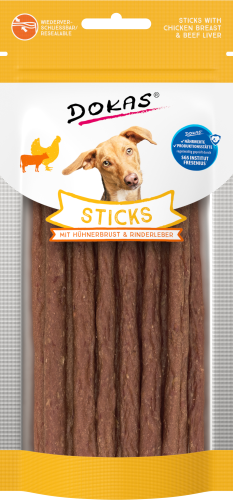Hundeleckerli-Paket mit der Aufschrift „Dokas Sticks mit Hähnchenbrust und Rinderleber