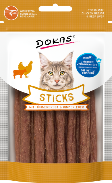 Katzenleckerli-Sticks mit Hähnchenbrust und Rinderleber in wiederverschließbarer Verpackung