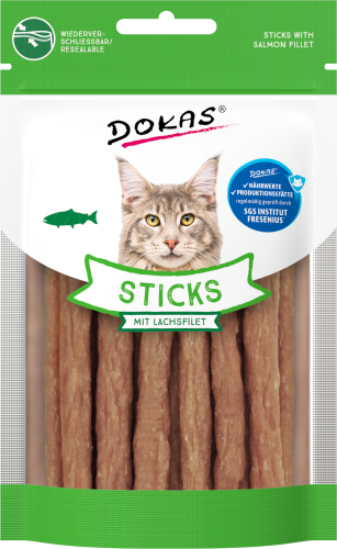 Katzensnack-Verpackung, Dokas Lachssticks, mit Katzenmotiv