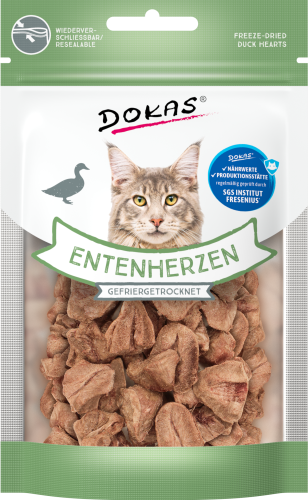 Entenherzen in Tüte, gefriergetrocknet, mit Katzenbild